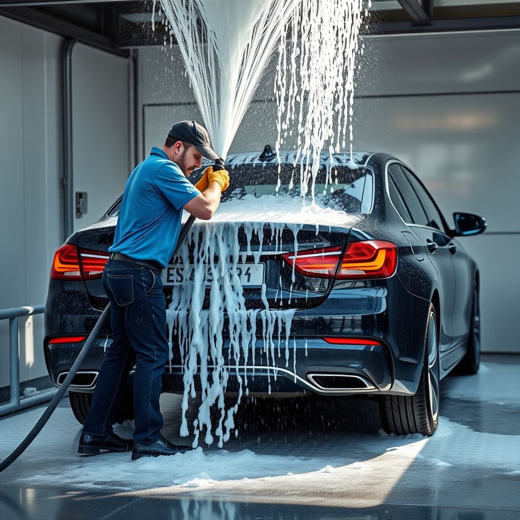 Un employé en chemise bleue et gants jaunes vifs pulvérise vigoureusement de l'eau sur une voiture noire élégante dans un lave-auto, créant une cascade de gouttes étincelantes sur la carrosserie brillante. Le cadre est coloré alors que le soleil filtre à travers la structure, illuminant la mousse savonneuse adhérant au véhicule. Le contraste entre le noir profond de la voiture et le blanc mousseux souligne le processus de nettoyage, tandis que l'arrière-plan flou évoque d'autres véhicules en attente. L'atmosphère dégage énergie et fraîcheur, capturant un moment de transformation et de rajeunissement.