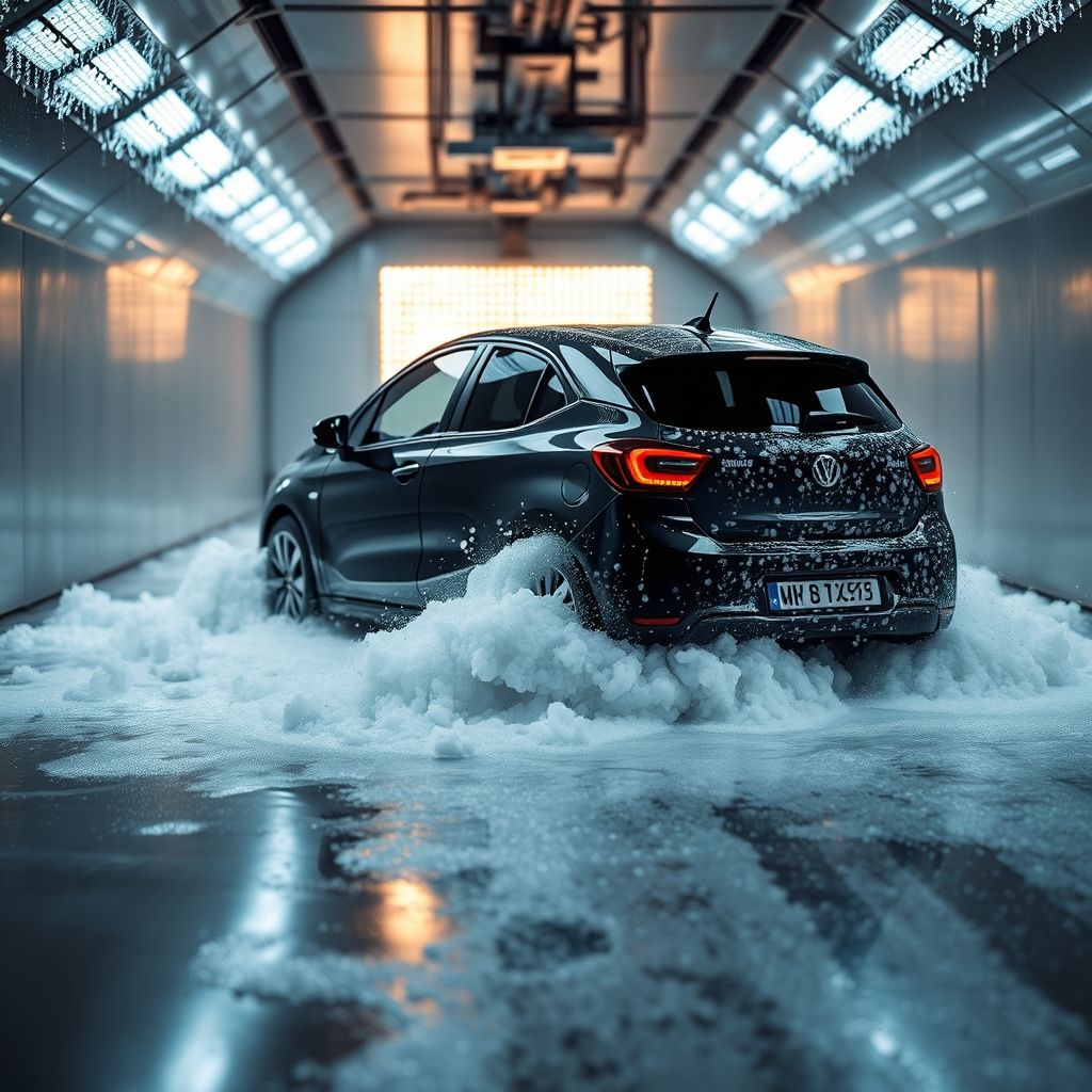 Une voiture noire élégante, partiellement couverte d'eau et de mousse, est lavée dans un tunnel automatique, entourée de brosses bleues en action. Le véhicule est illuminé par une lumière ambiante mettant en valeur les gouttes ruisselantes sur la surface. En arrière-plan, la machinerie floue souligne le processus automatisé. L'image transmet mouvement et propreté, capturant l'instant de transformation du véhicule.