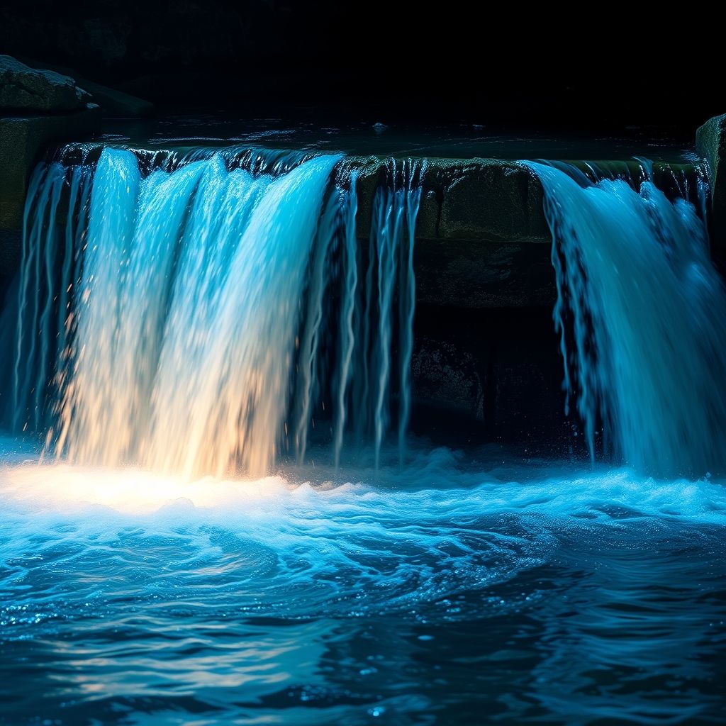 Une voiture de sport bleue traverse une cascade d'eau, créant des éclaboussures lumineuses sur un fond flou sombre. La surface polie reflète des nuances vives et la lumière souligne ses lignes aérodynamiques. Des faisceaux lumineux accentuent le mouvement de l'eau ruisselante. L'ambiance nocturne évoque vitesse et excitation, capturant l'attention avec une composition dynamique et énergique. L'ensemble reflète luxe et adrénaline.