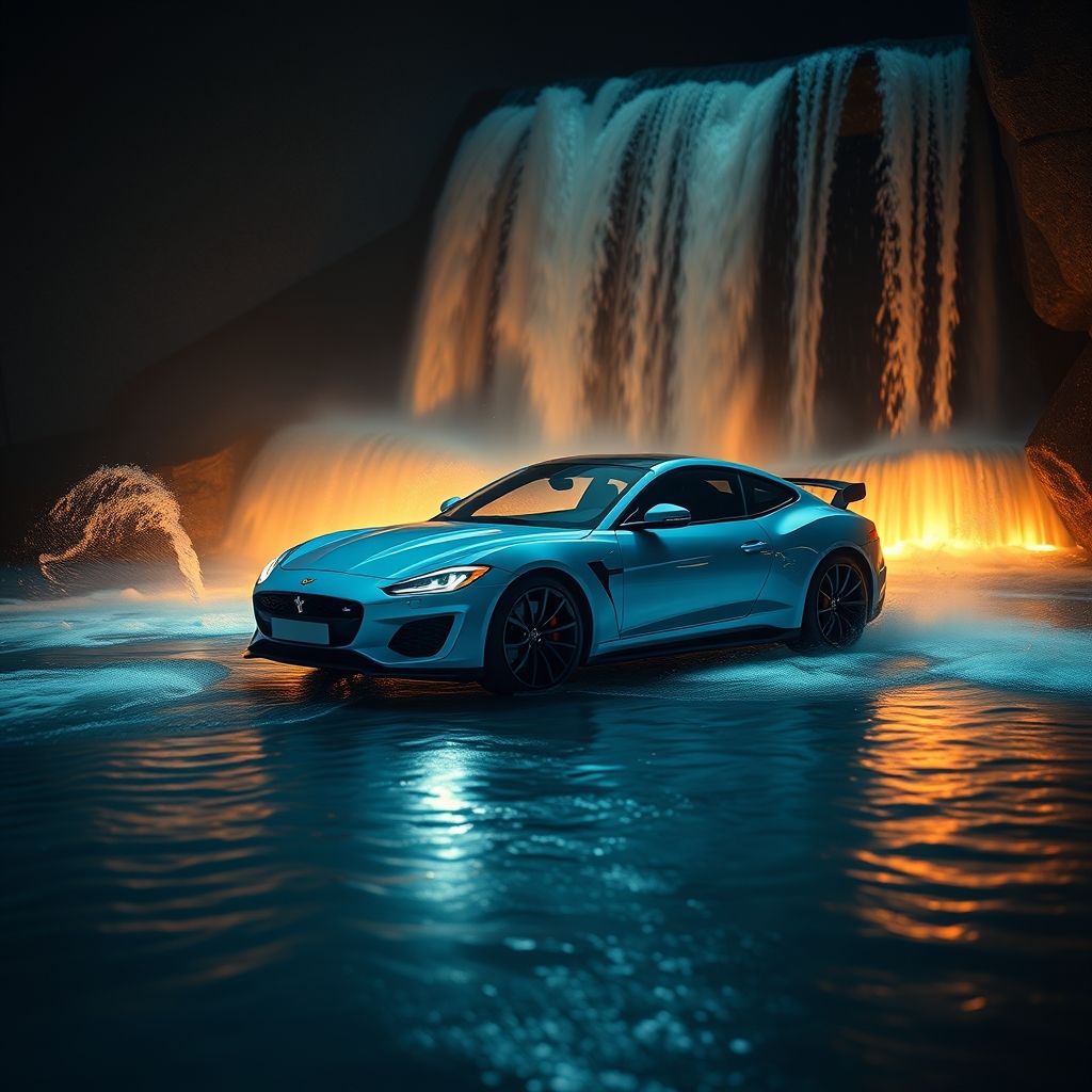 Une voiture de sport bleue traverse une cascade d'eau, créant des éclaboussures lumineuses sur un fond flou sombre. La surface polie reflète des nuances vives et la lumière souligne ses lignes aérodynamiques. Des faisceaux lumineux accentuent le mouvement de l'eau ruisselante. L'ambiance nocturne évoque vitesse et excitation, capturant l'attention avec une composition dynamique et énergique. L'ensemble reflète luxe et adrénaline.