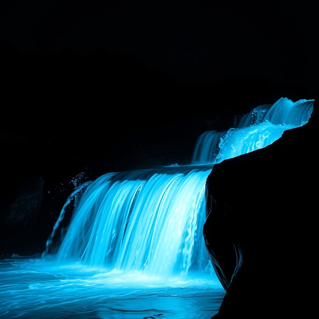 Une voiture de sport bleue traverse une cascade d'eau, créant des éclaboussures lumineuses sur un fond flou sombre. La surface polie reflète des nuances vives et la lumière souligne ses lignes aérodynamiques. Des faisceaux lumineux accentuent le mouvement de l'eau ruisselante. L'ambiance nocturne évoque vitesse et excitation, capturant l'attention avec une composition dynamique et énergique. L'ensemble reflète luxe et adrénaline.