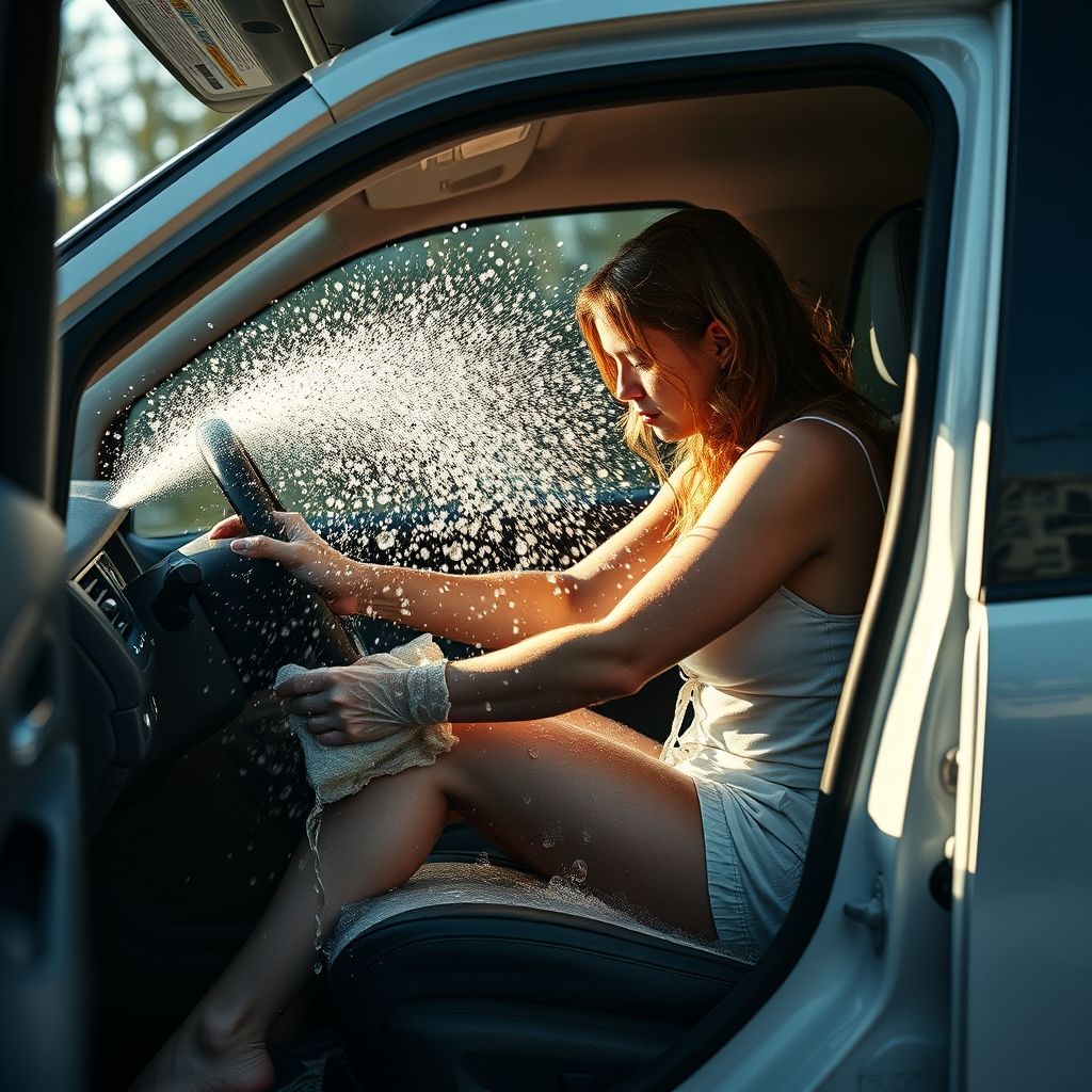 Une personne nettoie activement une voiture noire dans un lave-auto automatisé, avec un jet haute pression qui projette un torrent d'eau savonneuse sur la surface. La voiture partiellement couverte de mousse présente des jantes chromées brillantes contrastant avec sa carrosserie sombre. De grandes fenêtres laissent entrer la lumière naturelle, illuminant la scène et créant des reflets et ombres sur le sol carrelé. L'atmosphère est dynamique et fraîche, soulignant le processus de nettoyage et de renouvellement.