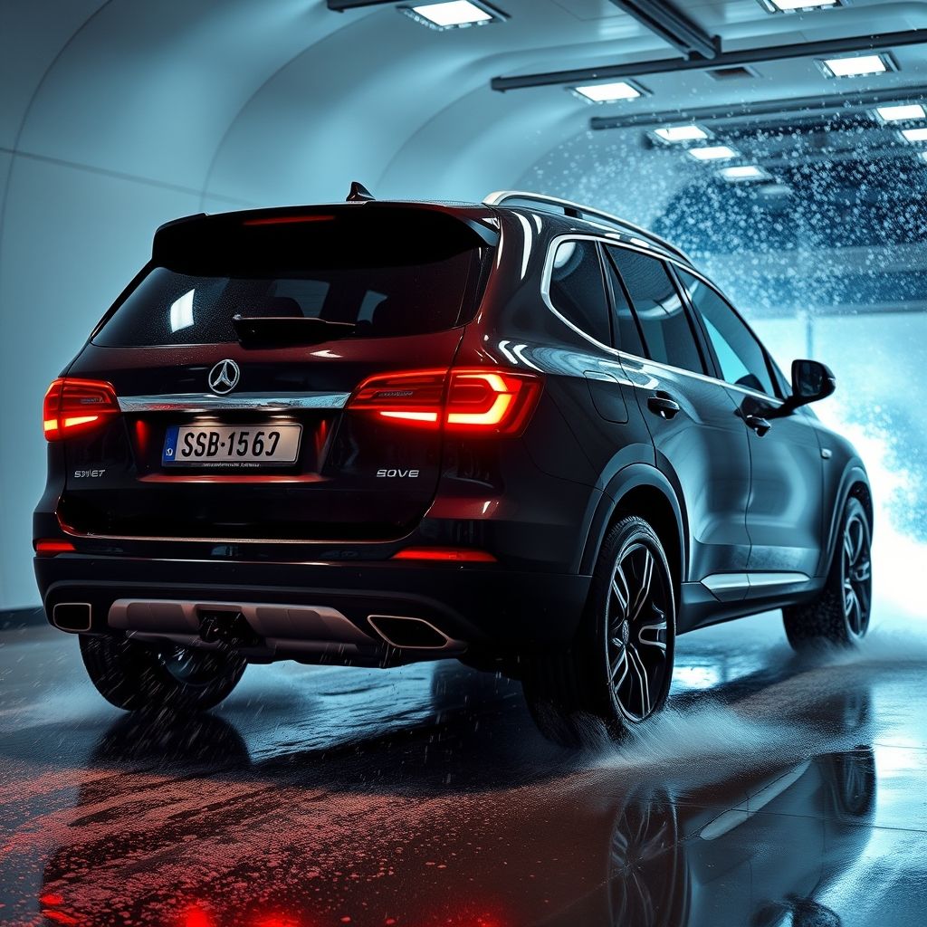 Un SUV sombre est capturé au milieu d’un cycle de lavage dans un tunnel. Des brosses bleues vives tourbillonnent autour, tandis que des jets d’eau savonneuse ruissellent sur l'arrière, créant un voile de bulles scintillantes. La scène dégage mouvement et énergie, accentuée par l’éclairage qui met en valeur la brillance du véhicule. Le contraste entre l’extérieur robuste du SUV et l’action douce du lavage évoque fraîcheur et renouveau. L’image illustre la beauté mécanique du lavage automatique.