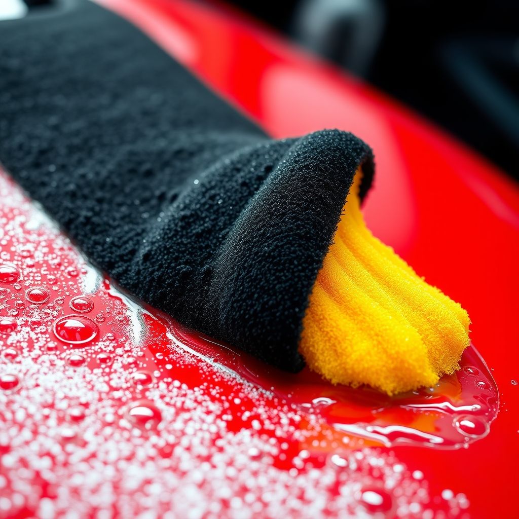 Une main gantée de noir frotte doucement la surface brillante d'une voiture rouge avec une éponge jaune, créant une cascade de mousse. La scène, éclairée intensément, suggère un lavage intérieur ou detailing avec des reflets lumineux sur la carrosserie polie. Les bulles glissent sur la carrosserie, symbolisant un nettoyage minutieux et soigné. L'ambiance évoque soin et fierté dans l'entretien du véhicule.