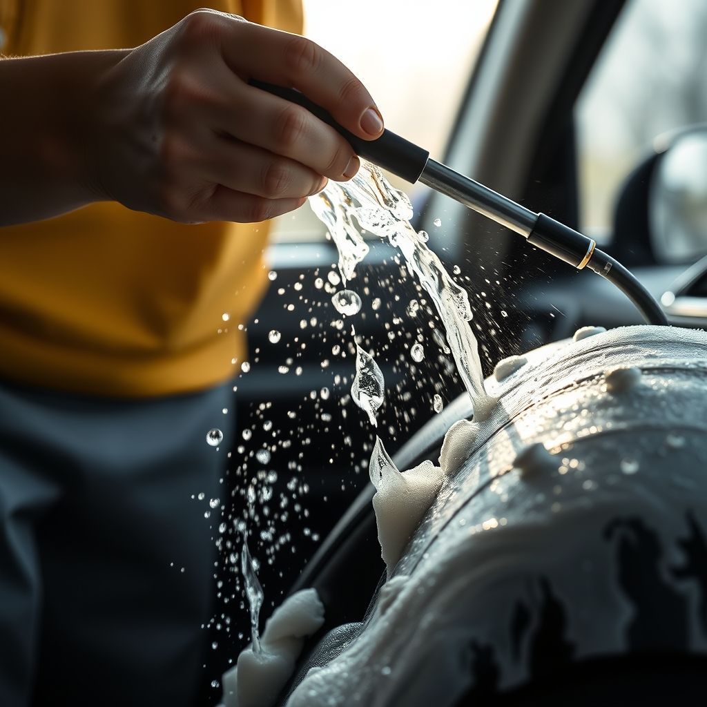 Des bulles de mousse descendent sur la surface noire d'un véhicule tandis qu'une personne manucurée tient une lance à haute pression, pulvérisant de l'eau sur une roue. Le pneu brillant contraste avec la mousse. La scène se déroule en intérieur, avec une lumière naturelle douce filtrant par de larges fenêtres, créant une atmosphère propre. L'image met en avant le soin apporté au nettoyage, avec des gouttes d'eau scintillant sur la carrosserie, suggérant fraîcheur et diligence.